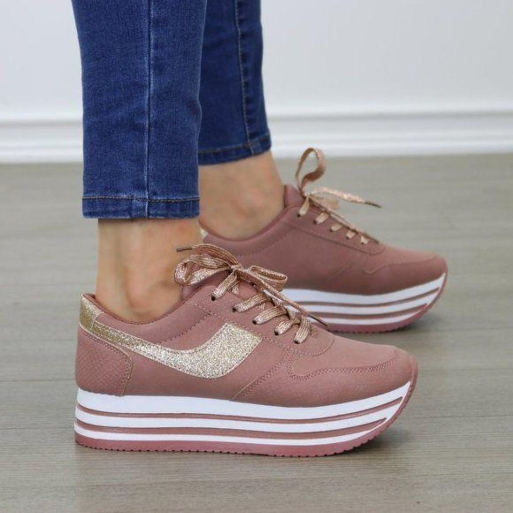 Glittery Pink & White Chunky Platform Sneakers - Picture 4 of 8